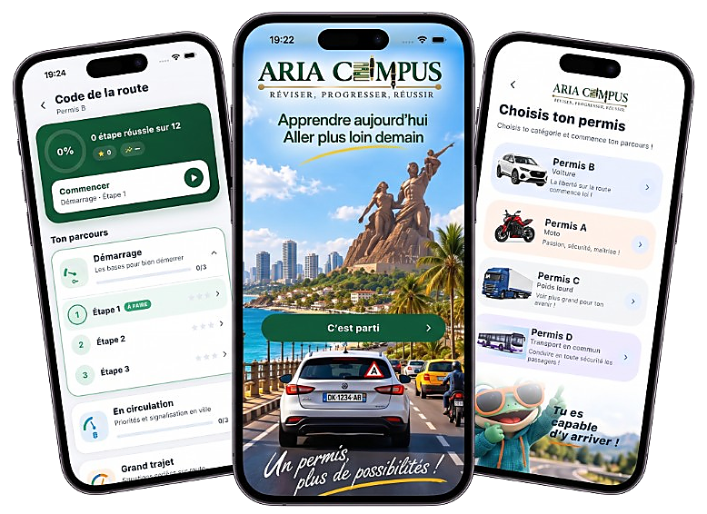 Écrans ARIA Campus : accueil, parcours code de la route et choix du permis