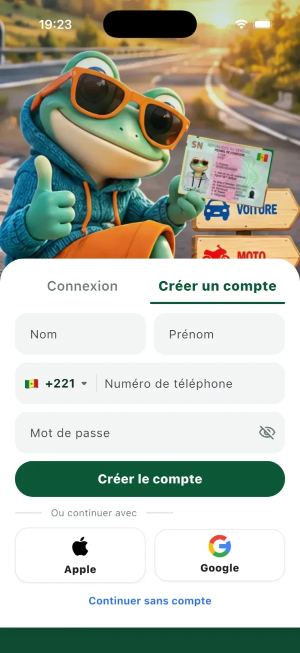 Écran de création de compte